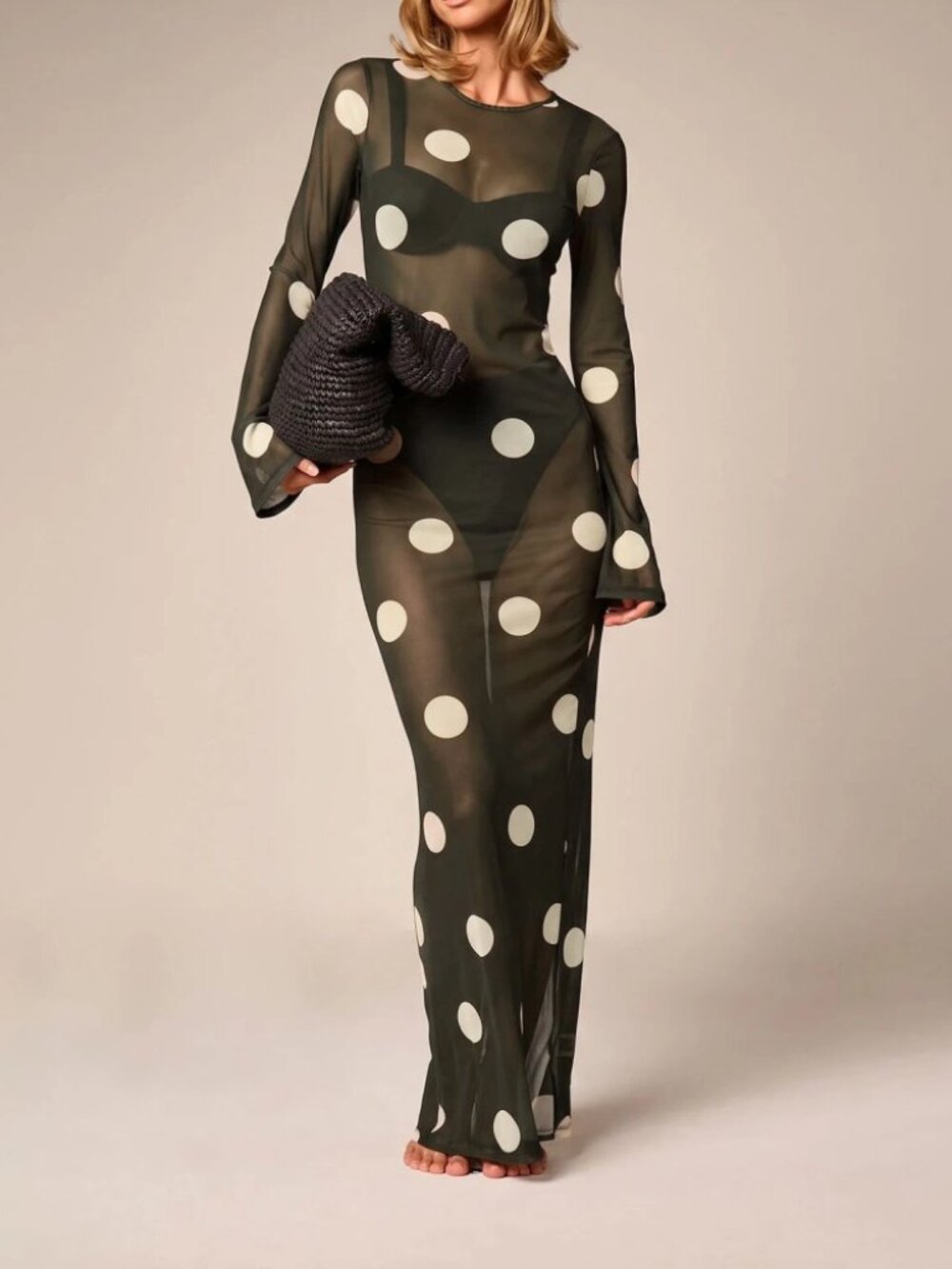 Olive Green Sheer Mesh Polka Dot Maxi Dress